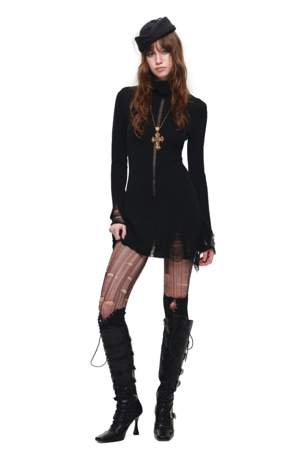 Distressed Turtleneck Knit Dress