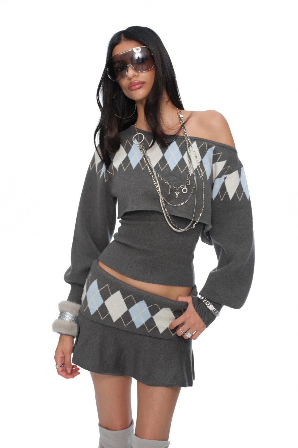 Amelie Off-Shoulder Argyle Sweater