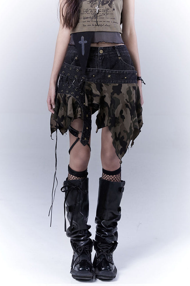 Camo Belted Denim Shorts