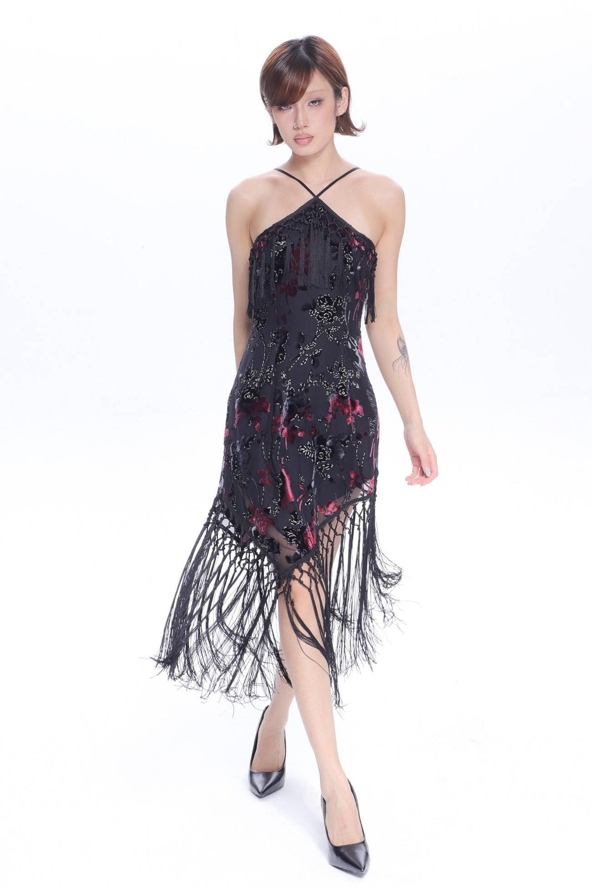 Floral Fringe Halter Dress