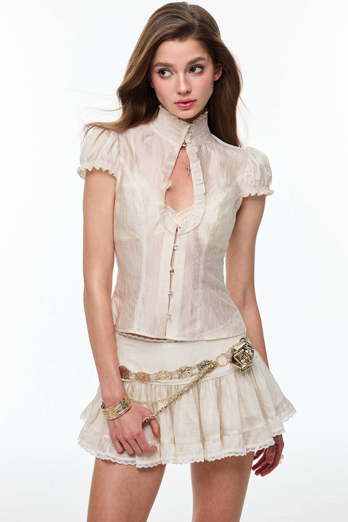 Sheer Ruffle Keyhole Top