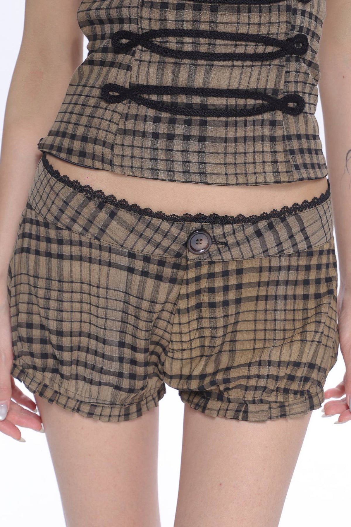 Camel Plaid Mini Shorts