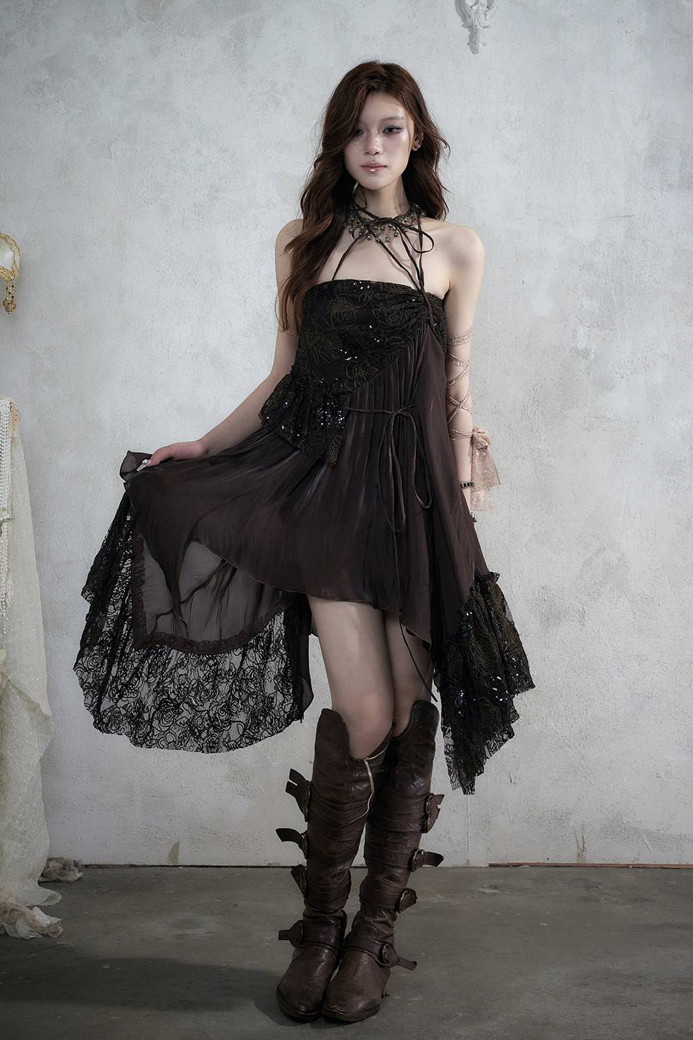 Asymmetric Lace Midi Skirt