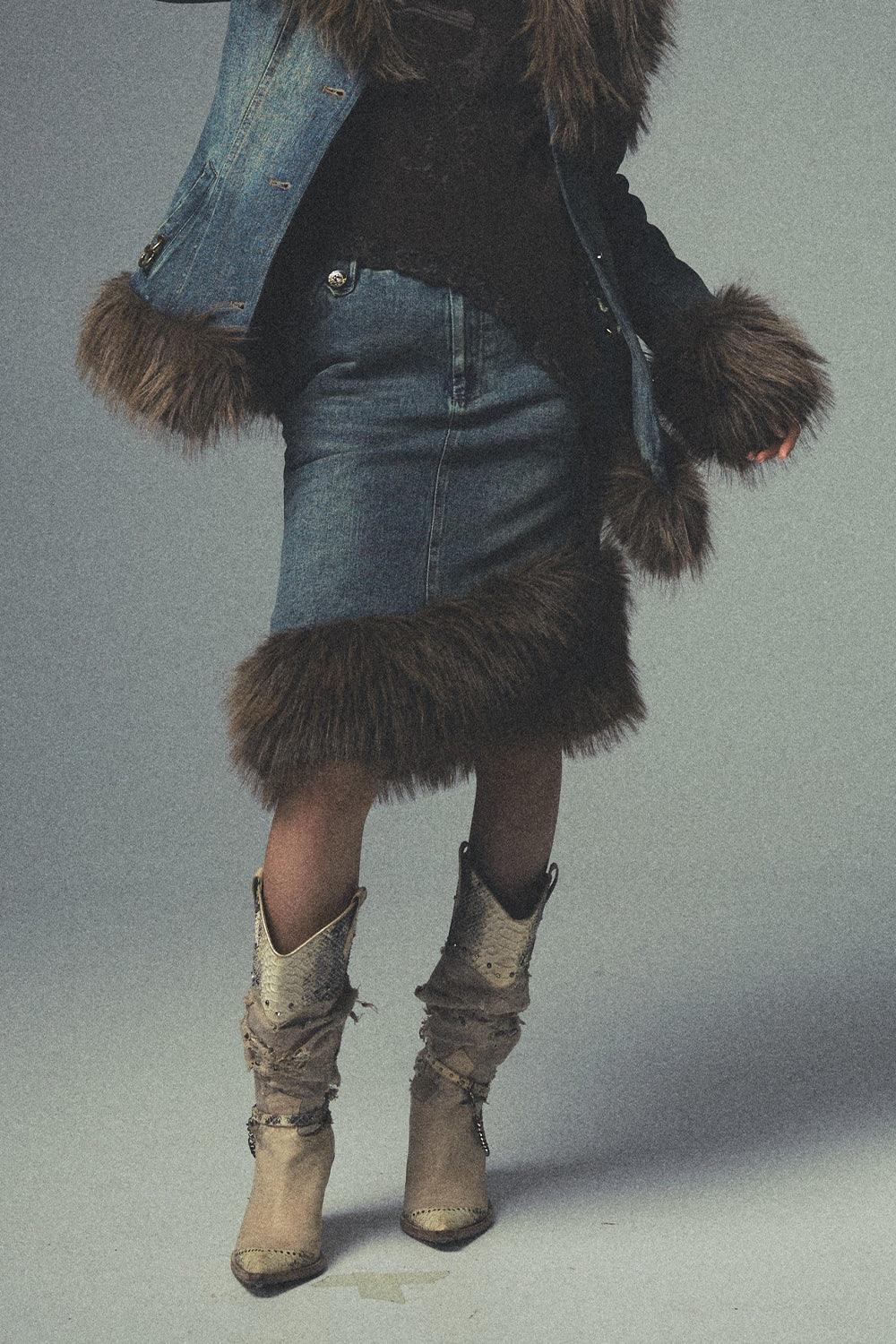 Asymmetric Fur Denim Skirt