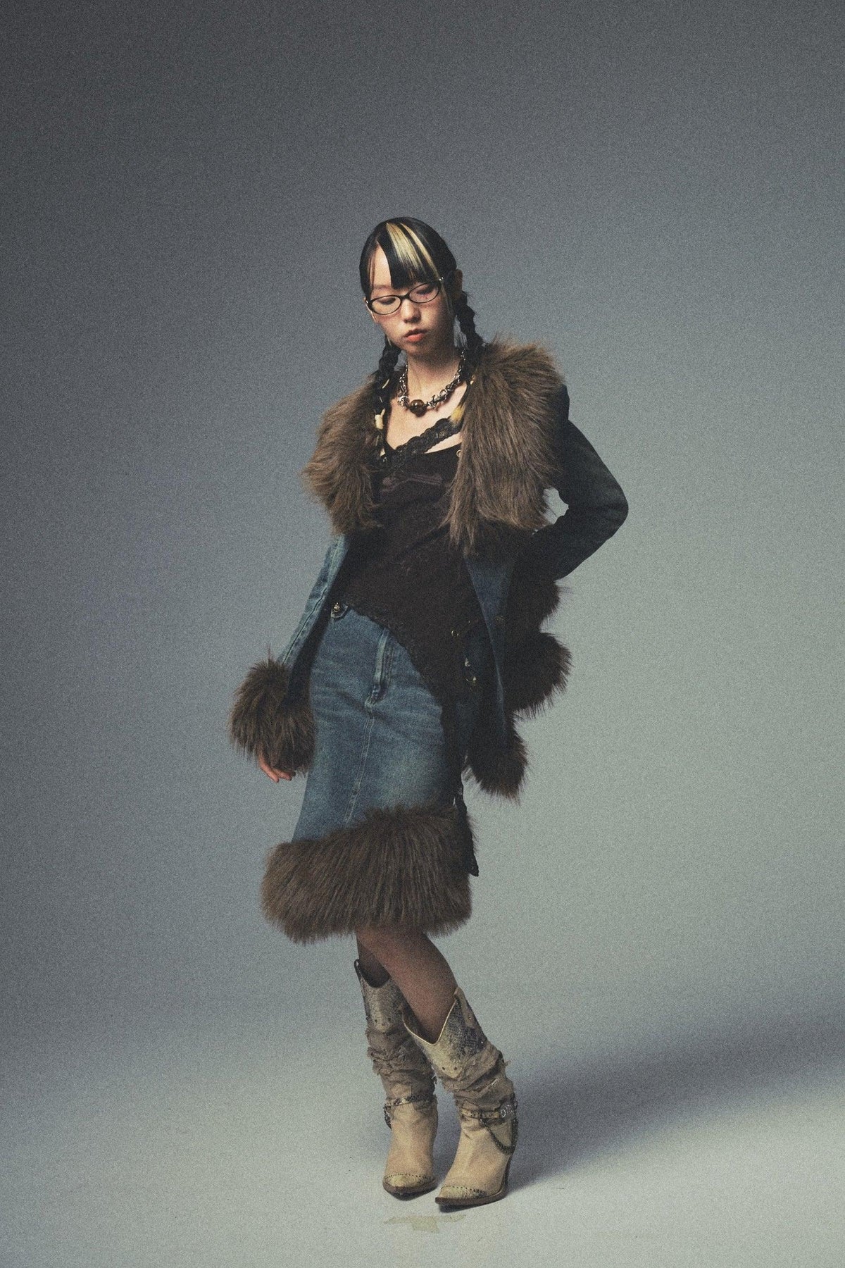 Asymmetric Fur Denim Skirt