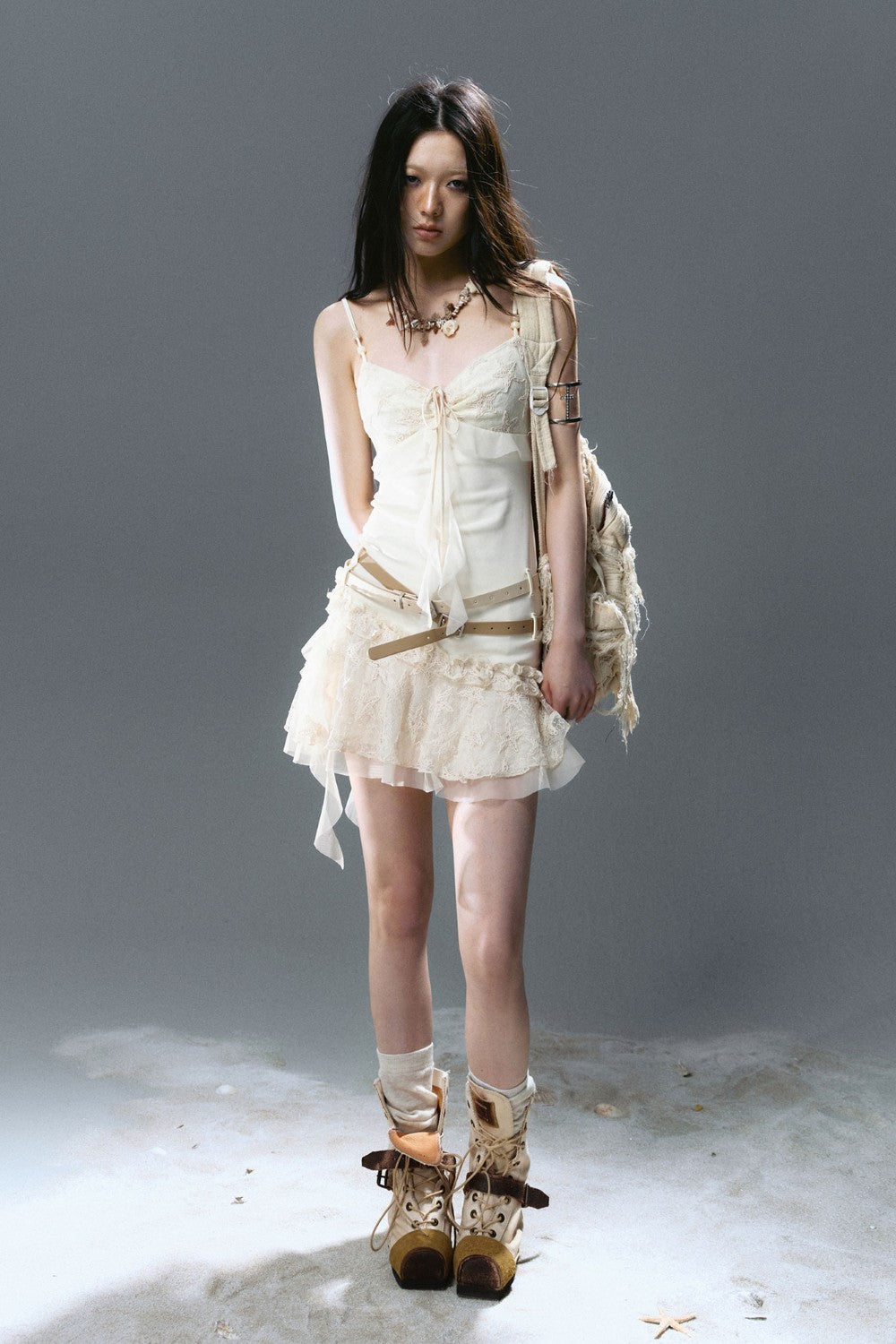 Belted Lace Ruffle Dress
